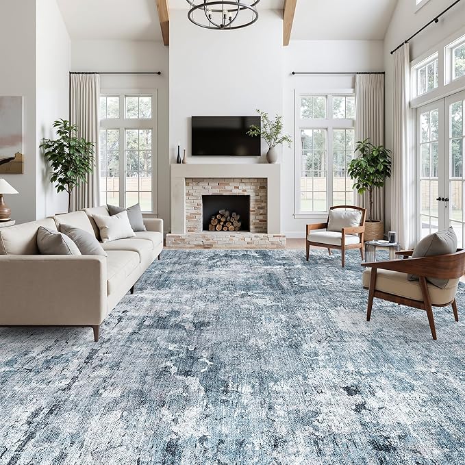 Soalmost 10x14 Area Rugs for Living Room Washable Rug Abstract Blue/Grey | - Image 3