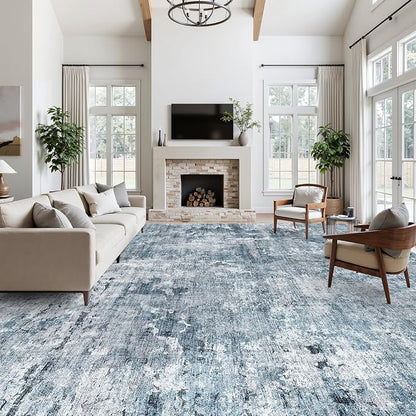 Soalmost 12x15 Washable Area Rugs Soft Living Room Rug Abstract Blue/Grey | - Image 4