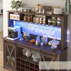 63"W Farmhouse Coffee Bar Cabinet with LED Light,Wine Bar Cabinet w/ 4 Tier Storage Hutch,Kitchen Buffet Cabinet w/Sliding Barn Door & 15 Wine and Glass Racks for Kitchen Dining Room(Brown)