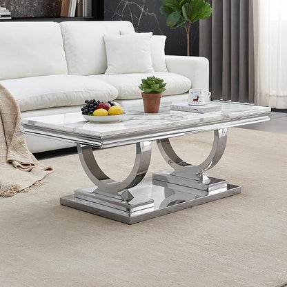 Henf 47" Marble Coffee Table Modern White Faux Marble Center Table by Henf
