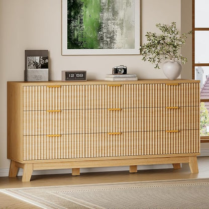 BORNOON 63" Long Dresser for Bedroom, 9-Drawer Fluted Dresser, Extra-Wide Wood by BORNOON