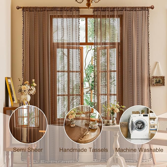 Sutuo Home Dark Coffee Boho Lace Curtains 108 inches Long - Image 3