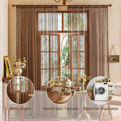 Sutuo Home Dark Coffee Boho Lace Curtains 108 inches Long - Image 3