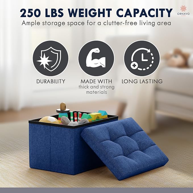 Ornavo Home Small Storage Ottoman, Foldable Collapsible Rectangle Linen Ottoman - Image 7