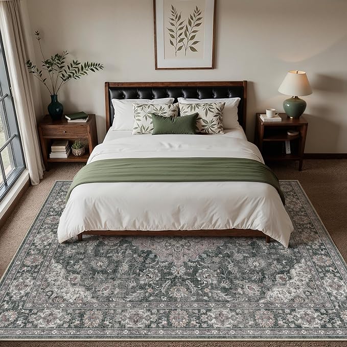 6x9 Black Grey Retro Floral Washable Area Rug - Image 4
