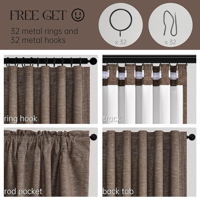 102 Inch Length Linen Blackout Bedroom Curtains Dark Brown Back Tab Pleat - Image 4