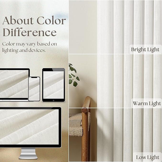 Beige White Pinch Pleat Semi Sheer Linen Curtain W70xL120 1 Panel | Light - Image 3