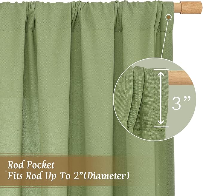 Semi Sheer Bedroom Linen Curtains 48 Inch Length 2 Panels, Sage Green | Light - Image 3