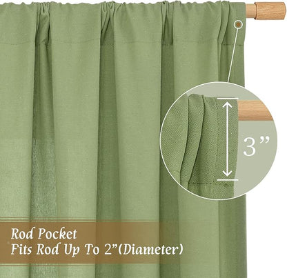 Semi Sheer Bedroom Linen Curtains 48 Inch Length 2 Panels, Sage Green | Light - Image 3