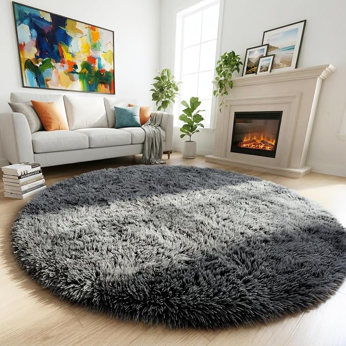 Amdrebio Grey Furry Big Round Area Rug 6Ft by Amdrebio