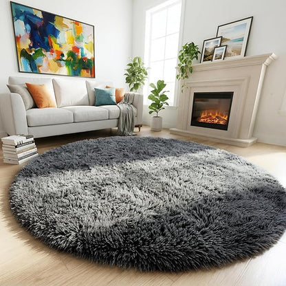 Amdrebio Grey Round Fluffy Area Rug 5Ft - Image 3