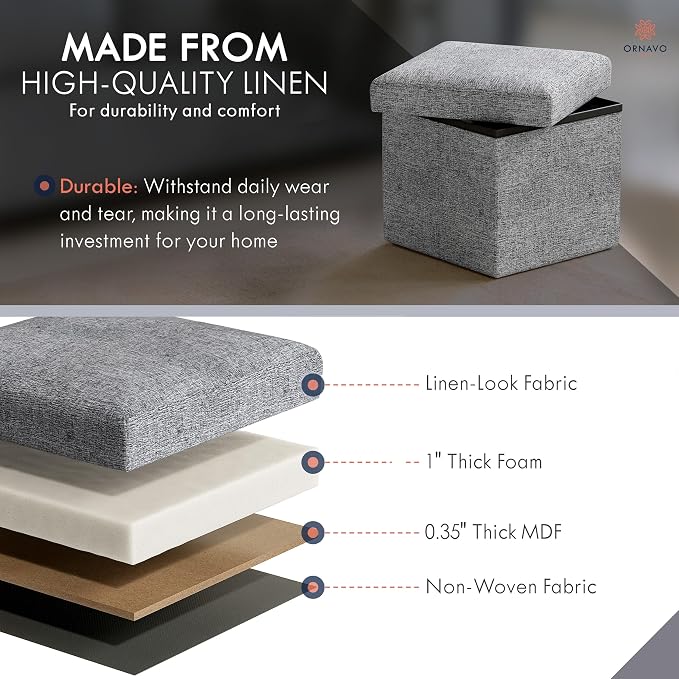 Ornavo Home Small Storage Ottoman Foldable Collapsible Cube Square Linen - Image 4