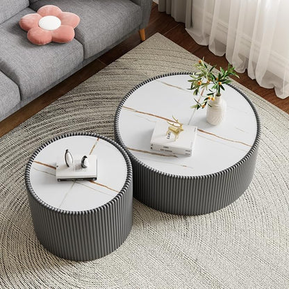 SSLine Round Drum Coffee Table Set of 2 Modern Sintered Stone Top Nesting - Image 4