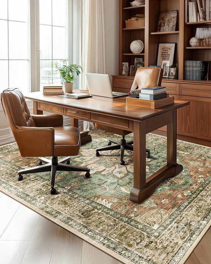 RELEANY Washable Area Rug, Brick/Brown/Green | Non-Slip, Water Repellent by RELEANY