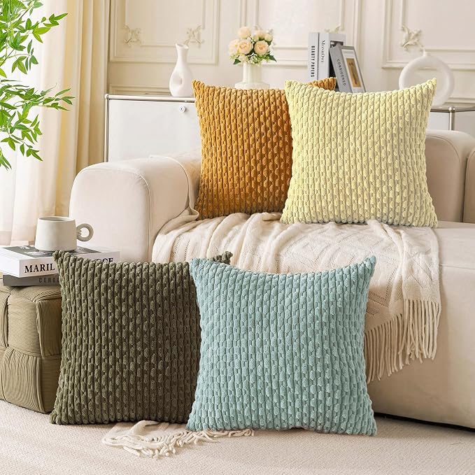 Set of 4 Yellow Olive Aqua Decorative Throw Pillow Covers 24x24 Inch Corduroy by Cozoomy