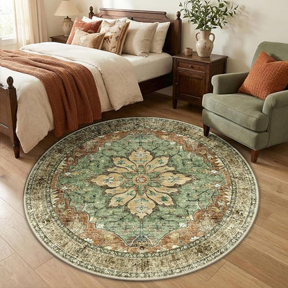 RELEANY Washable Area Rug, Round 5ft, Brick/Brown/Green | Non-Slip, Water - Image 2
