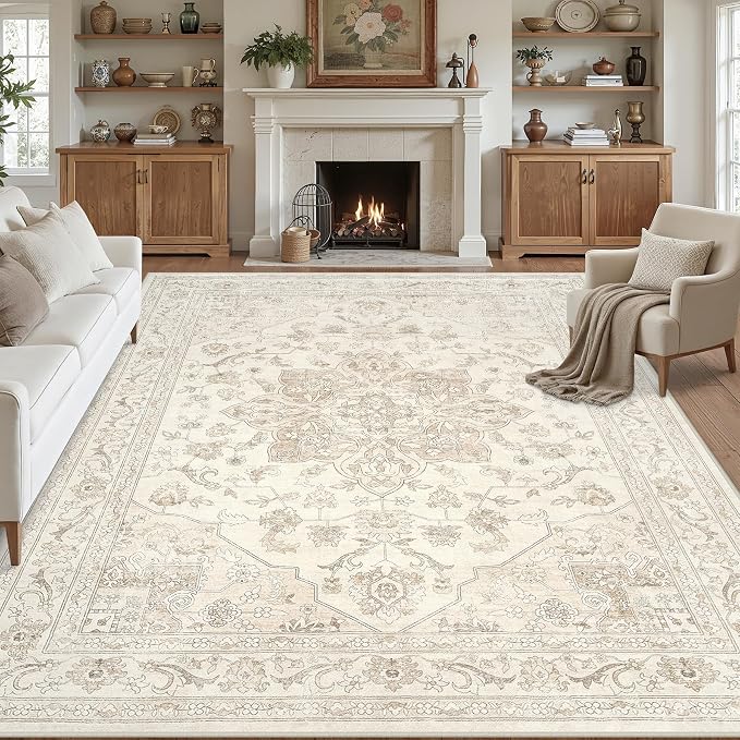 10x14 Area Rugs Living Room: Bedroom Washable Carpet Beige White | Vintage Boho - Image 8