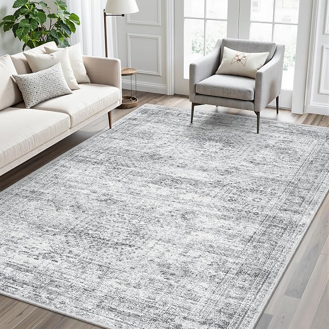 Soalmost 5x7 Area Rugs Grey Low Pile Washable Trendy Faded Style Rug | Vintage - Image 3