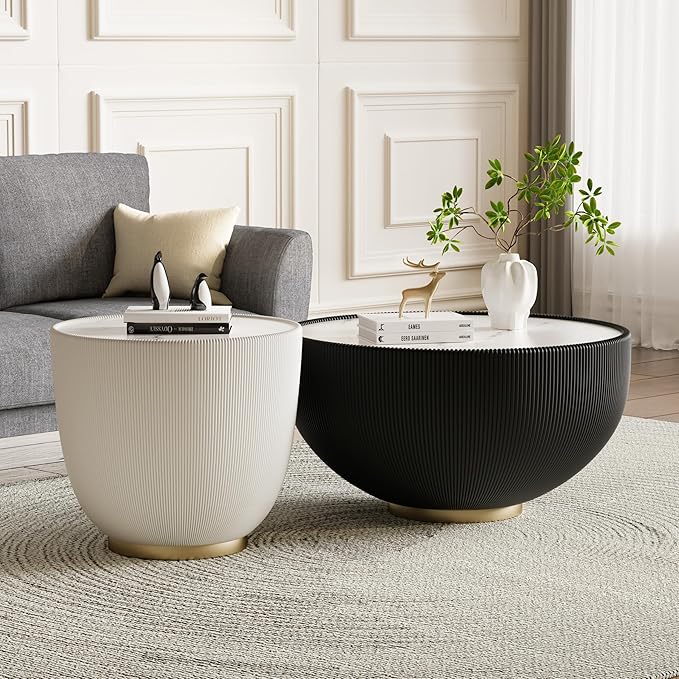 SSLine Bowl-Shape Coffee Table Set of 2 Modern Sintered Stone Top Nesting by SSLine