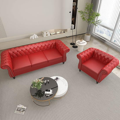 ORRD 2 Piece Living Room Set, Chesterfield Leather Sofa Loveseat Couch Chair - Image 8
