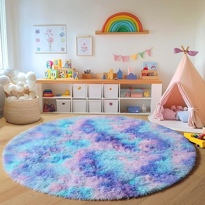 Rainbow Round Area Rugs 5ft, Soft Bedroom Circle Rug Mats - Image 3
