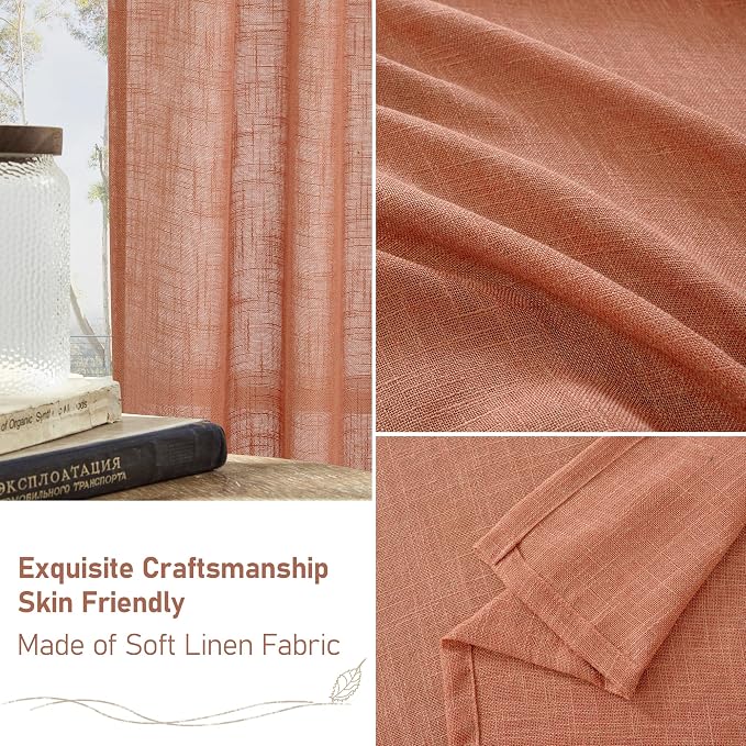 Short Linen Window Curtains 30 Inches Long 2 Panels, Terracotta Semi Sheer - Image 7
