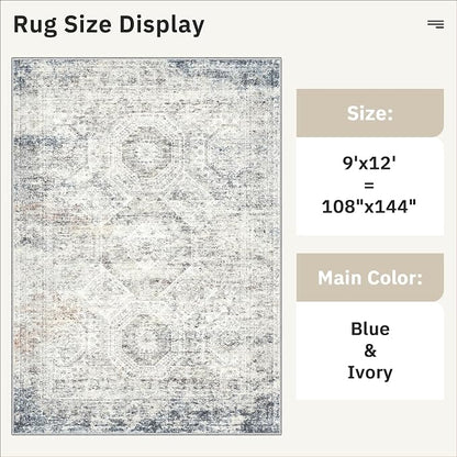 Soalmost 9x12 Area Rugs for Living Room Washable Rug Non-Slip Blue/Ivory | - Image 5