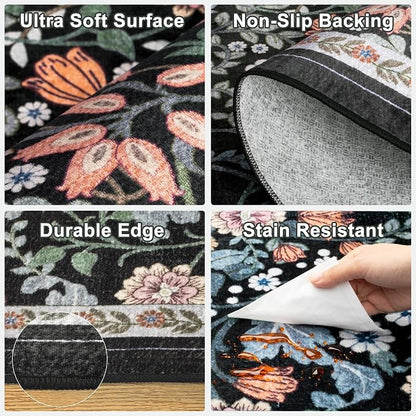 PLHXFR 6x9 Area Rug Living Room: Floral Washable Boho Carpet Dark Black | - Image 7