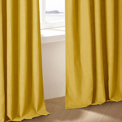 Mustard Yellow Pleated Semi Sheer Linen Curtains 120 Inches Long 2 Panel | - Image 9