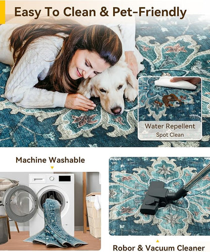RELEANY Washable Area Rug, Teal | Non-Slip, Water Repellent, Pet Friendly - Image 4