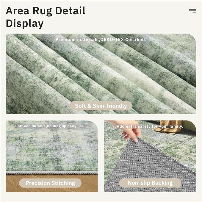Soalmost Abstract Runner Rug 2x8 Hallway Kitchen Runners Green/Ivory | Vintage - Image 6