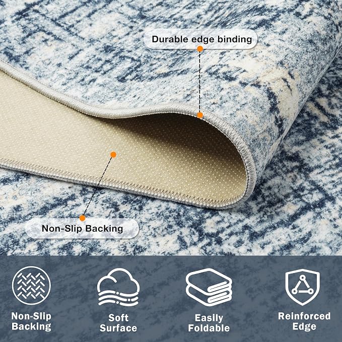 10x14 Washable Area Rug for Living Room Bedroom: Non-Slip Modern Blue Gold | - Image 4