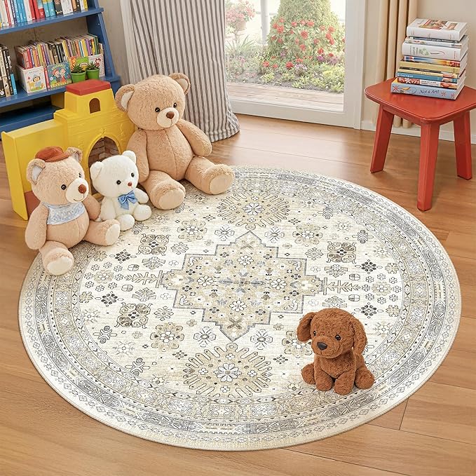 Round Rug 5ft, Circle Rug for Dining Room Table, Dining Room, Nursery Room by Zesthome