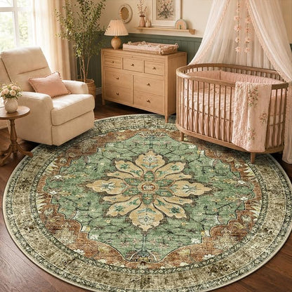 RELEANY Washable Area Rug, Round 5ft, Brick/Brown/Green | Non-Slip, Water by RELEANY