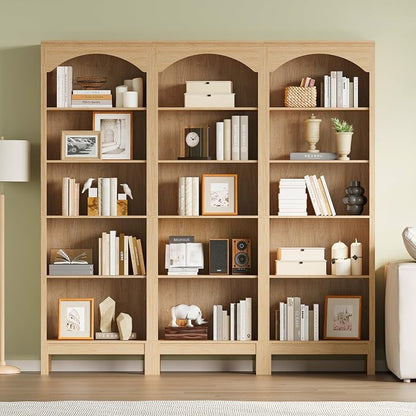 Arched Bookshelf with 5 Tier Open Shelves, Study and Living Room, Natural Oak - Image 4
