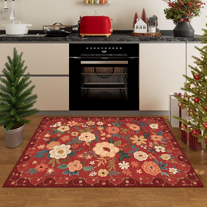 DUKINO 2x3 Entryway Rug, Floral Door Mat Soft Washable Rug Non Slip, - Image 3