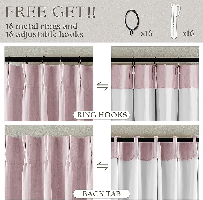 Light Pink Pinch Pleated Blackout Linen 80 Inch Window Curtains 2 Panels | 100% - Image 6