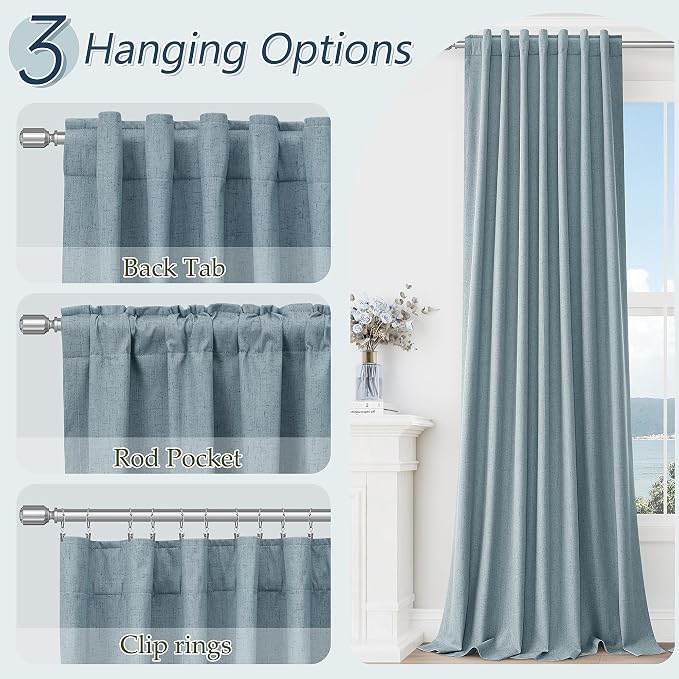 Blue 100% Blackout Linen Curtains 120 Inch Length 2 Panels Set - Image 6