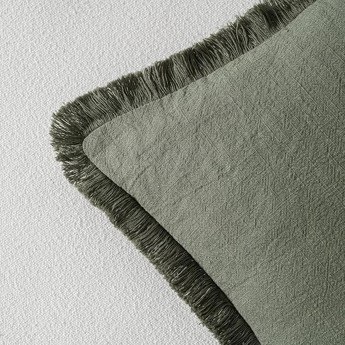 MIULEE Linen Fringe Decorative Throw Pillow Covers Light Olive Green 20x20 | - Image 3