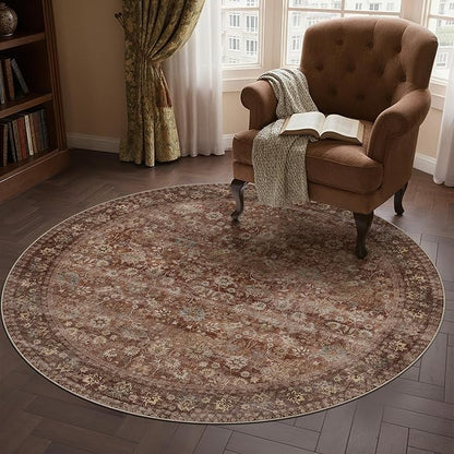 4ft Round Brick Red Vintage Floral Washable Rug - Image 3