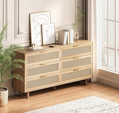 6 Drawer Double Dresser for Bedroom, Natural Rattan Modern Drawer Chest - Image 4