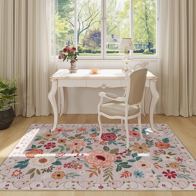 DUKINO 4x6 Area Rug, Floral Washable Rug Non Slip Office Chair Mat, Stain - Image 3