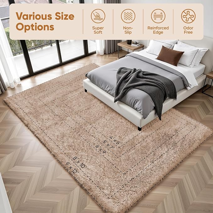PLHXFR 4x6 Area Rugs Living Room: Fluffy Bedroom Rug Shag Carpet Camel | - Image 9