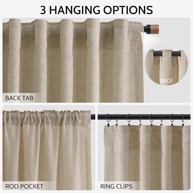 Eggshell Beige Linen Curtains for Living Room 98 Inches Long Light Filtering - Image 2