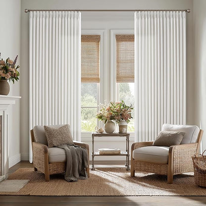 Pleated Semi Sheer Light Filtering Linen Beige Curtains 108 Inches Long | White by Twodrapes