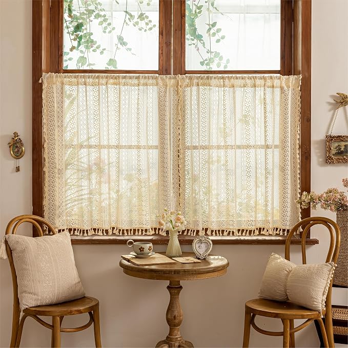 Sutuo Home Beige Boho Lace Short Kitchen Curtains 36 inches Long by SutuoHome