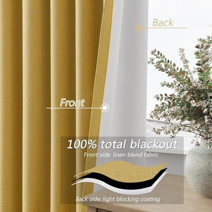 Gold 100% Blackout Linen Curtains 108 Inch Length 2 Panels Set - Image 4