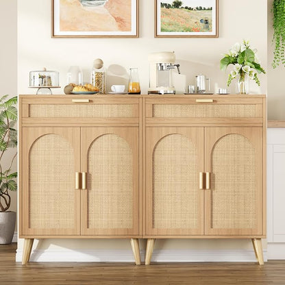 Rattan Buffet Sideboard Set of 2, Boho Buffet Cabinet by Keehusux
