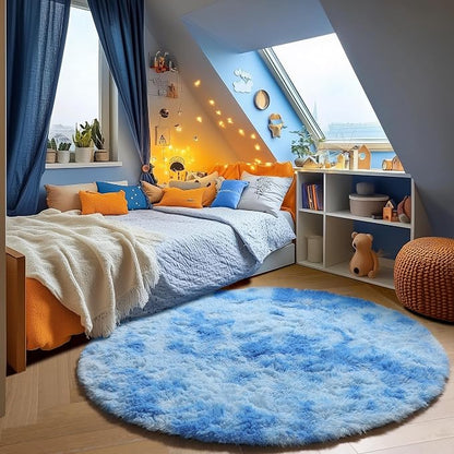 Round Rugs 5ft for Bedroom Living Room, Tie-Dye Blue Fluffy Circle Area Rug for - Image 3