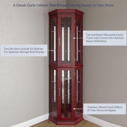 BELLEZE Lighted Wooden Corner Display Curio Cabinet, Two Section Shelving Unit - Image 5